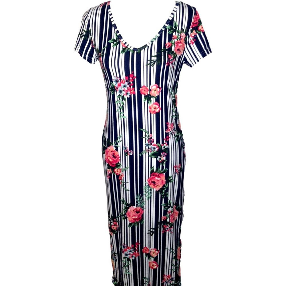 Love Navy and White Striped Maxi Dress with Pink Floral Print